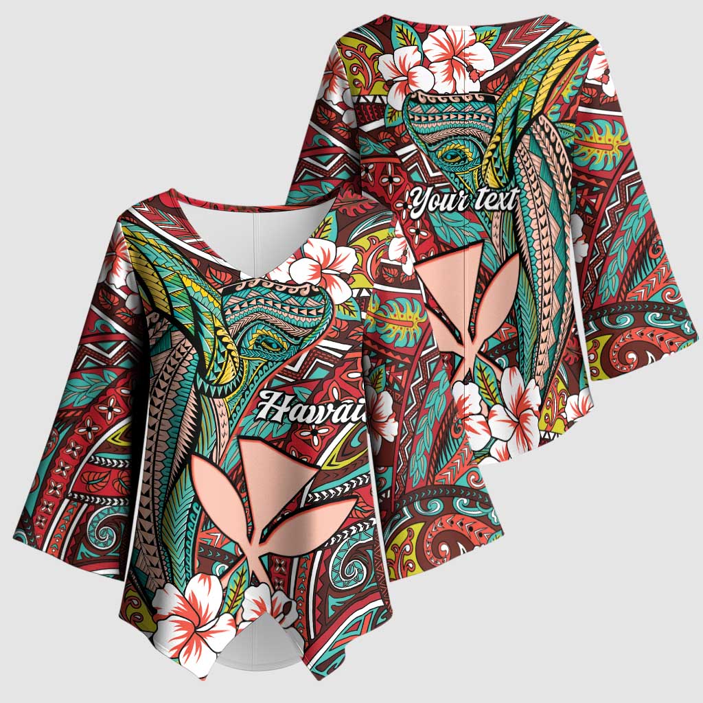 Personalised Hawaii Tribal Humpback Whale Kimono Sleeve Blouse Ulaula Hibiscus Seamless Pattern