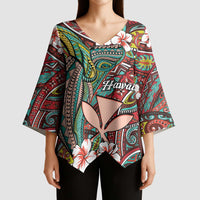 Personalised Hawaii Tribal Humpback Whale Kimono Sleeve Blouse Ulaula Hibiscus Seamless Pattern