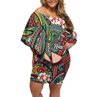 Personalised Hawaii Tribal Humpback Whale Off Shoulder Short Dress Ulaula Hibiscus Seamless Pattern