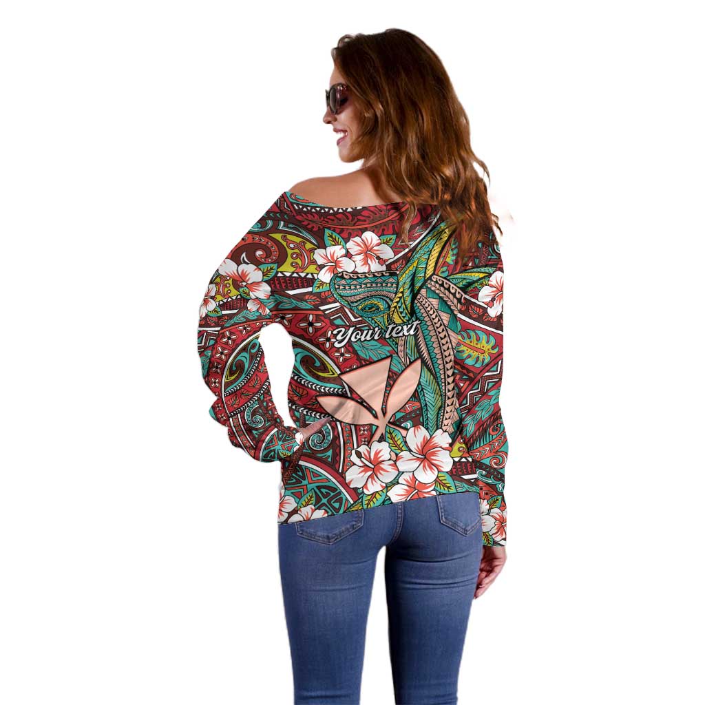 Personalised Hawaii Tribal Humpback Whale Off Shoulder Sweater Ulaula Hibiscus Seamless Pattern