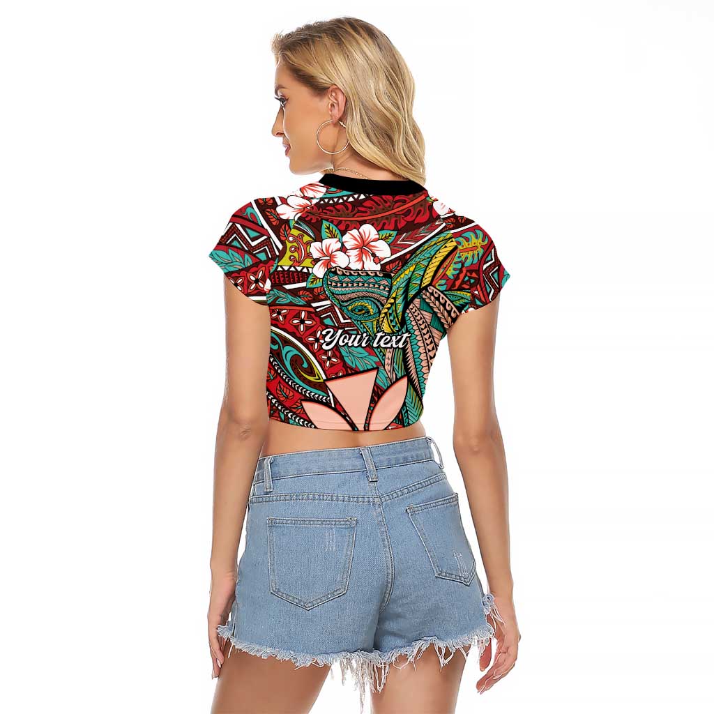 Personalised Hawaii Tribal Humpback Whale Raglan Cropped T Shirt Ulaula Hibiscus Seamless Pattern