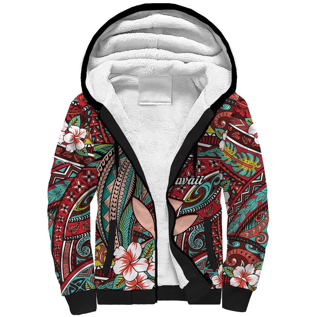 Personalised Hawaii Tribal Humpback Whale Sherpa Hoodie Ulaula Hibiscus Seamless Pattern