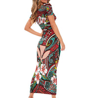 Personalised Hawaii Tribal Humpback Whale Short Sleeve Bodycon Dress Ulaula Hibiscus Seamless Pattern