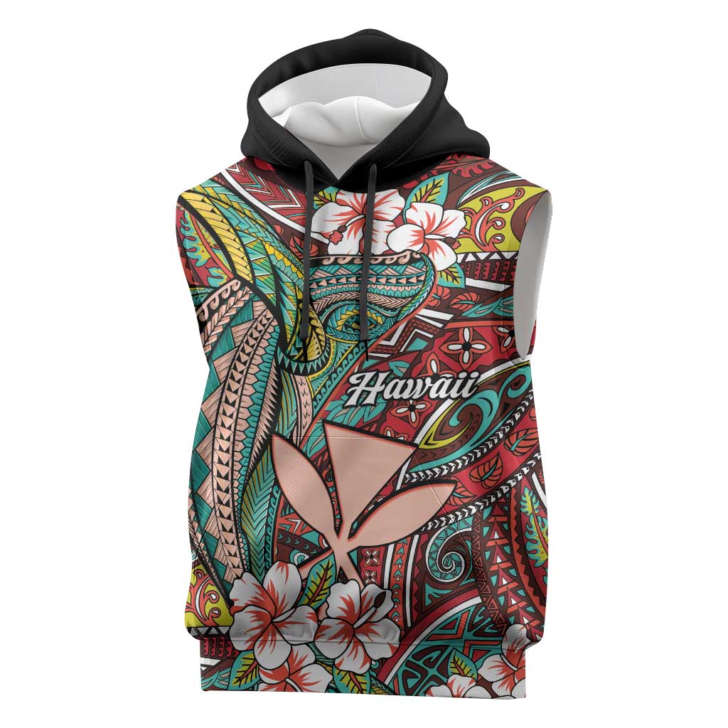 Personalised Hawaii Tribal Humpback Whale Sleeveless Hoodie Ulaula Hibiscus Seamless Pattern