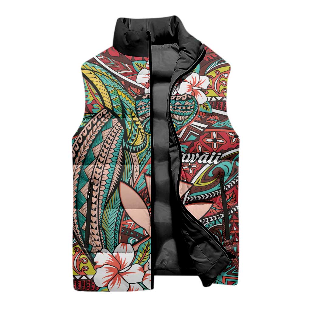 Personalised Hawaii Tribal Humpback Whale Sleeveless Puffer Jacket Ulaula Hibiscus Seamless Pattern