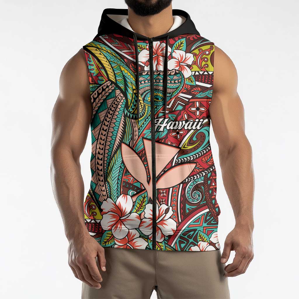 Personalised Hawaii Tribal Humpback Whale Sleeveless Zip Hoodie Ulaula Hibiscus Seamless Pattern