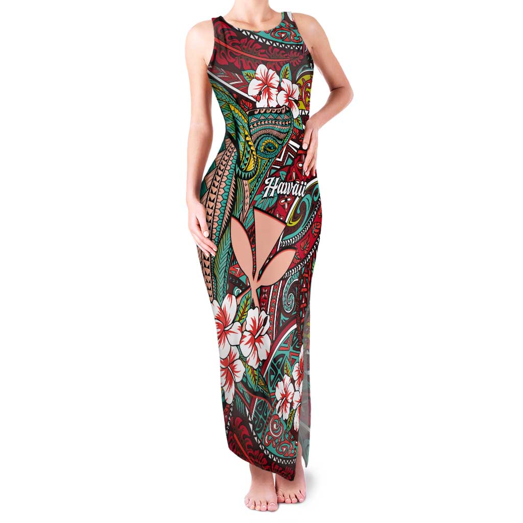 Personalised Hawaii Tribal Humpback Whale Tank Maxi Dress Ulaula Hibiscus Seamless Pattern