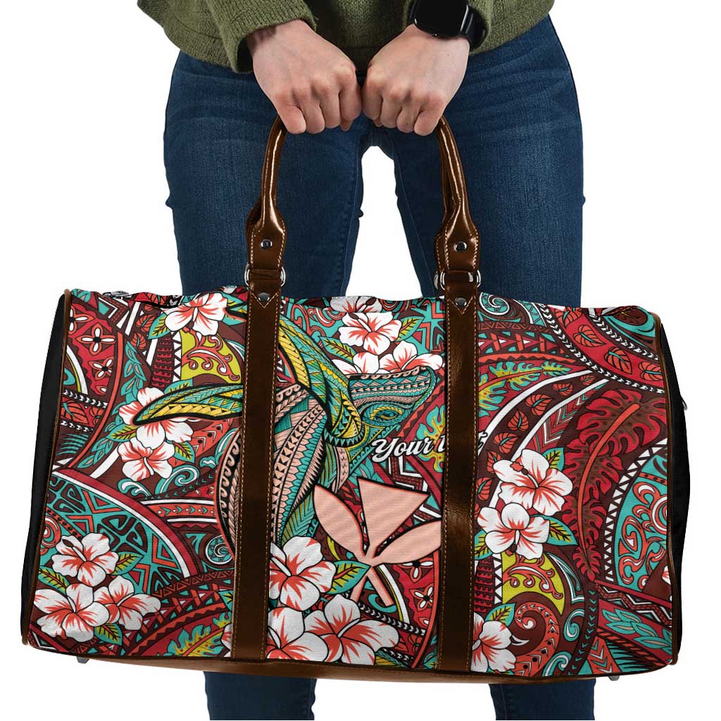 Personalised Hawaii Tribal Humpback Whale Travel Bag Ulaula Hibiscus Seamless Pattern