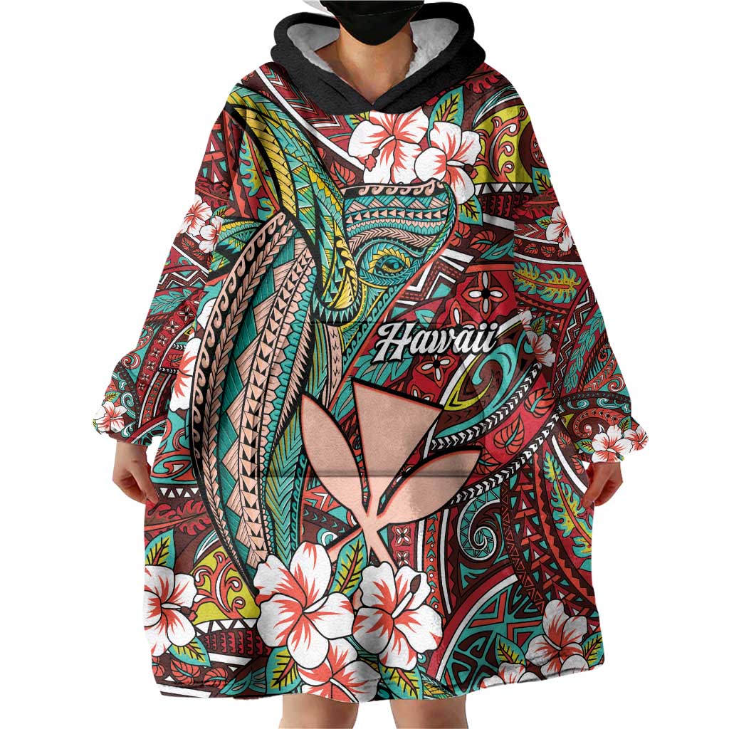 Personalised Hawaii Tribal Humpback Whale Wearable Blanket Hoodie Ulaula Hibiscus Seamless Pattern