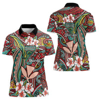 Personalised Hawaii Tribal Humpback Whale Women Polo Shirt Ulaula Hibiscus Seamless Pattern