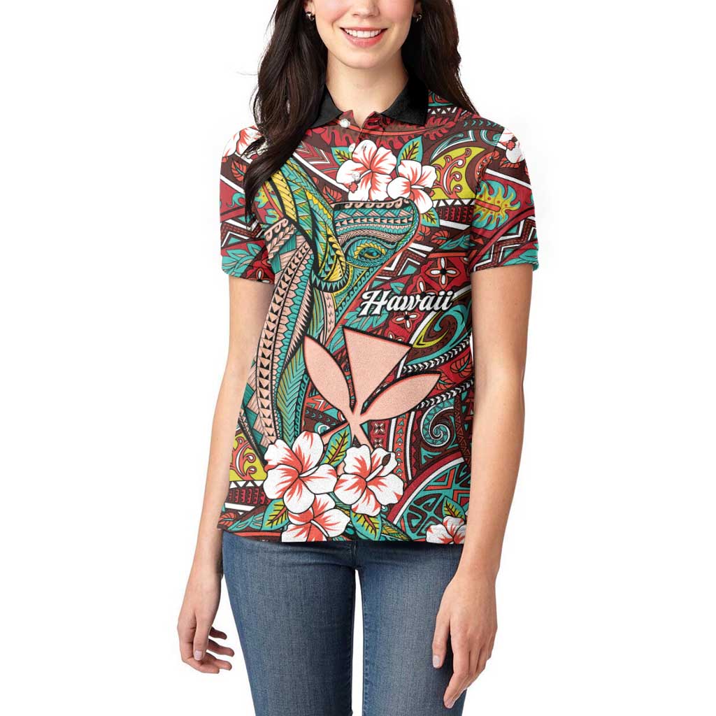 Personalised Hawaii Tribal Humpback Whale Women Polo Shirt Ulaula Hibiscus Seamless Pattern