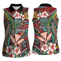 Personalised Hawaii Tribal Humpback Whale Women Sleeveless Polo Shirt Ulaula Hibiscus Seamless Pattern
