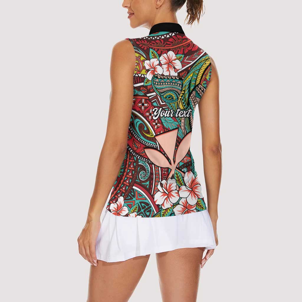 Personalised Hawaii Tribal Humpback Whale Women Sleeveless Polo Shirt Ulaula Hibiscus Seamless Pattern