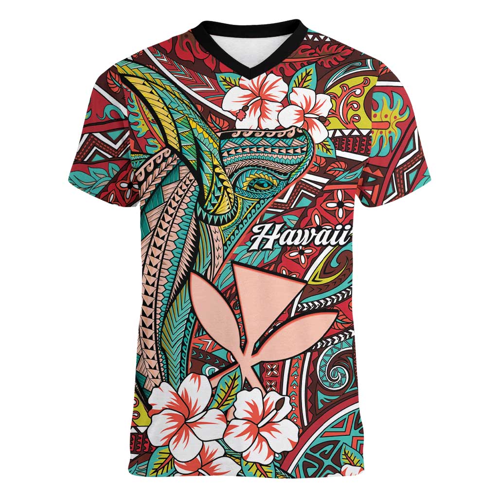 Personalised Hawaii Tribal Humpback Whale Women V-Neck T-Shirt Ulaula Hibiscus Seamless Pattern