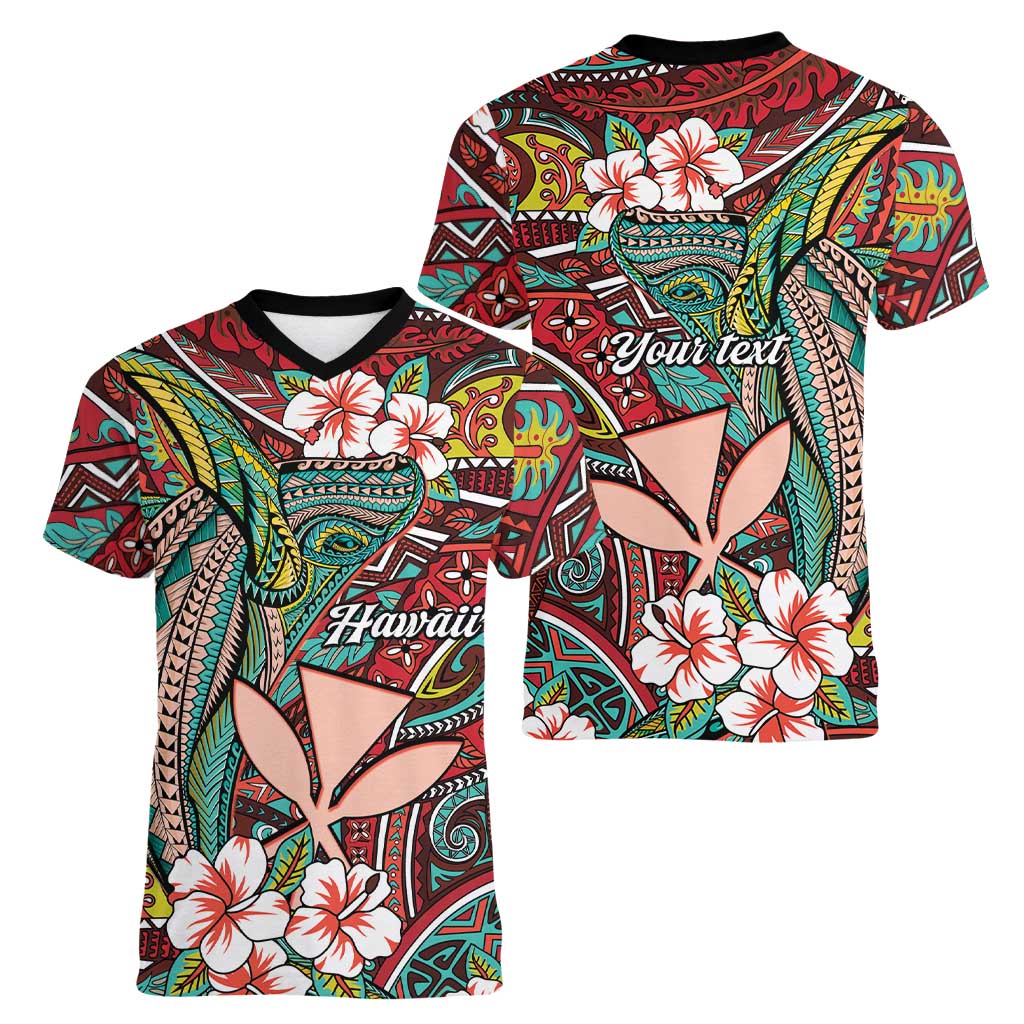 Personalised Hawaii Tribal Humpback Whale Women V-Neck T-Shirt Ulaula Hibiscus Seamless Pattern