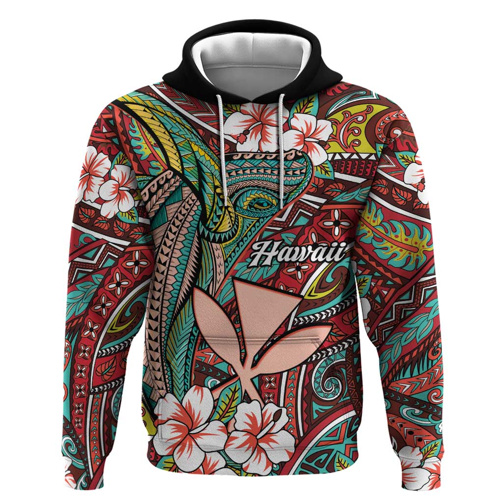 Personalised Hawaii Tribal Humpback Whale Zip Hoodie Ulaula Hibiscus Seamless Pattern