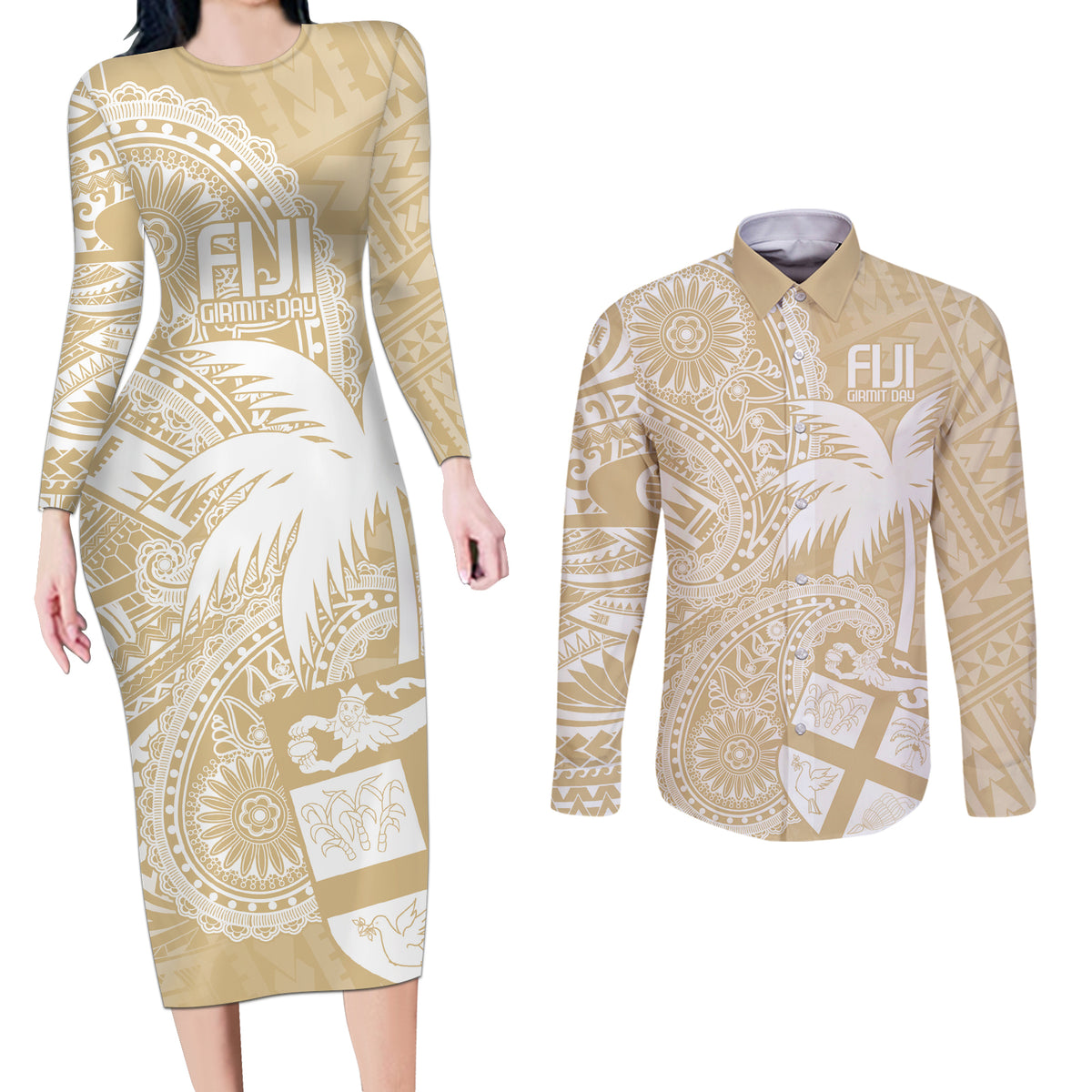 Custom Indo Fijians Couples Matching Long Sleeve Bodycon Dress and Long Sleeve Button Shirt Fiji ke Hindustani Polyneisan Paisley Beige Style LT9 Beige - Polynesian Pride