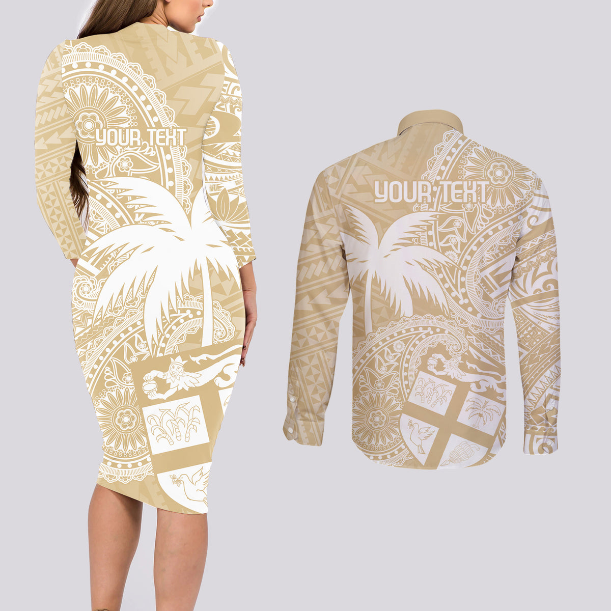 Custom Indo Fijians Couples Matching Long Sleeve Bodycon Dress and Long Sleeve Button Shirt Fiji ke Hindustani Polyneisan Paisley Beige Style LT9 - Polynesian Pride