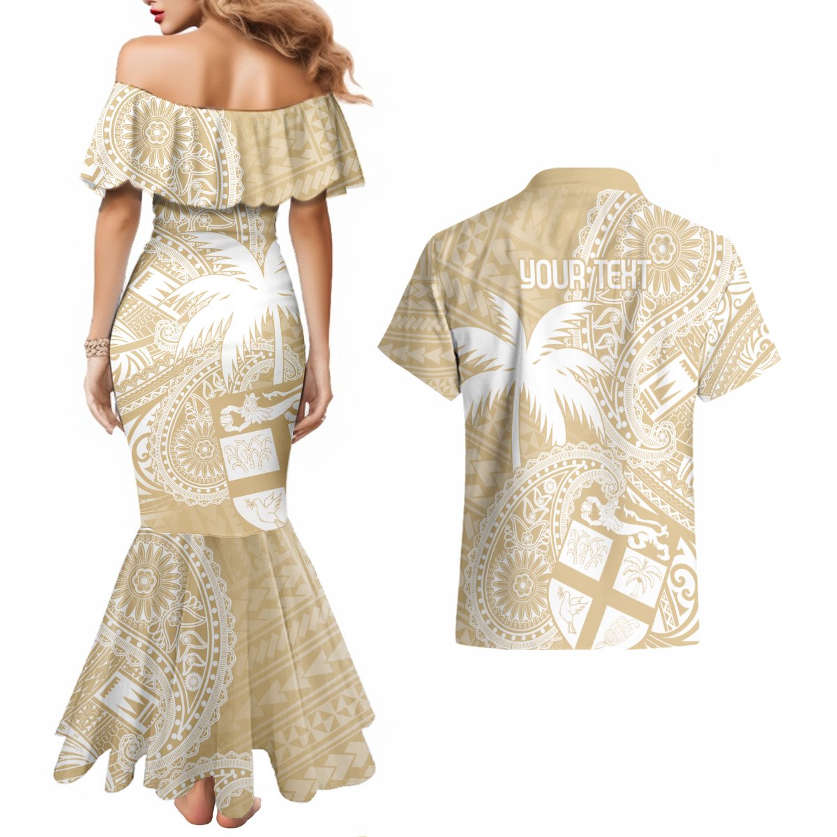 Custom Indo Fijians Couples Matching Mermaid Dress and Hawaiian Shirt Fiji ke Hindustani Polyneisan Paisley Beige Style LT9 - Polynesian Pride