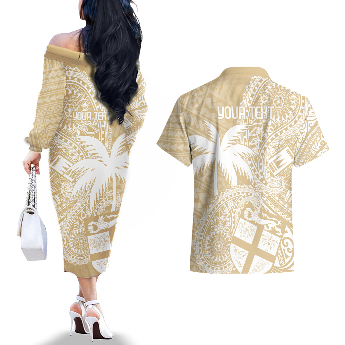 Custom Indo Fijians Couples Matching Off The Shoulder Long Sleeve Dress and Hawaiian Shirt Fiji ke Hindustani Polyneisan Paisley Beige Style LT9 - Polynesian Pride