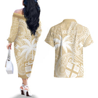 Custom Indo Fijians Couples Matching Off The Shoulder Long Sleeve Dress and Hawaiian Shirt Fiji ke Hindustani Polyneisan Paisley Beige Style LT9 - Polynesian Pride