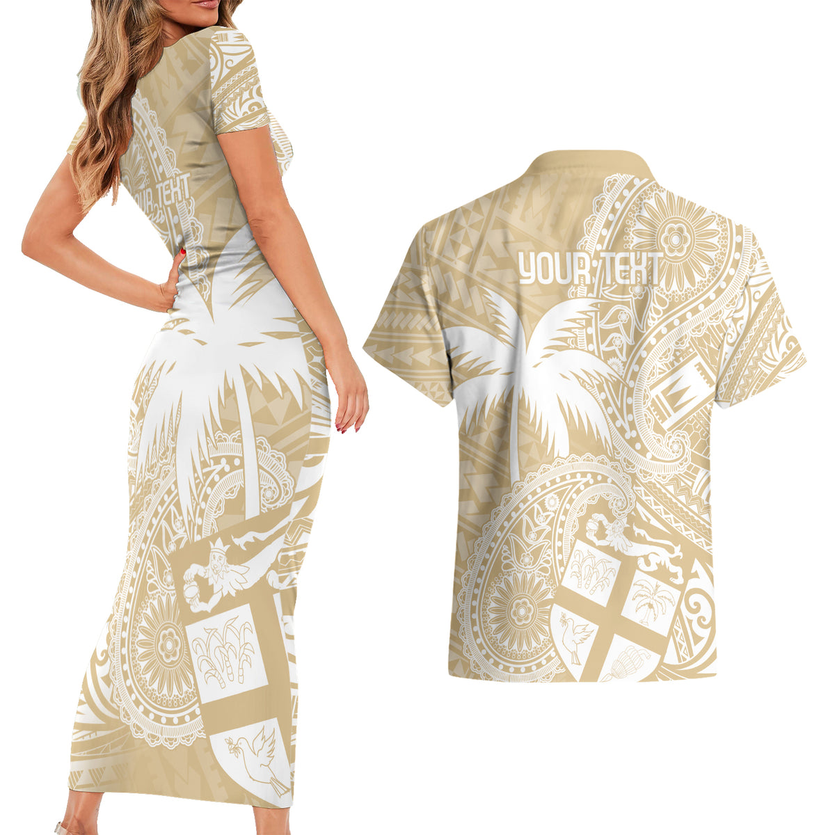 Custom Indo Fijians Couples Matching Short Sleeve Bodycon Dress and Hawaiian Shirt Fiji ke Hindustani Polyneisan Paisley Beige Style LT9 - Polynesian Pride