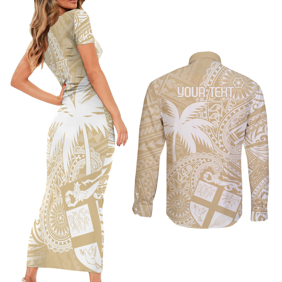 Custom Indo Fijians Couples Matching Short Sleeve Bodycon Dress and Long Sleeve Button Shirt Fiji ke Hindustani Polyneisan Paisley Beige Style LT9 - Polynesian Pride