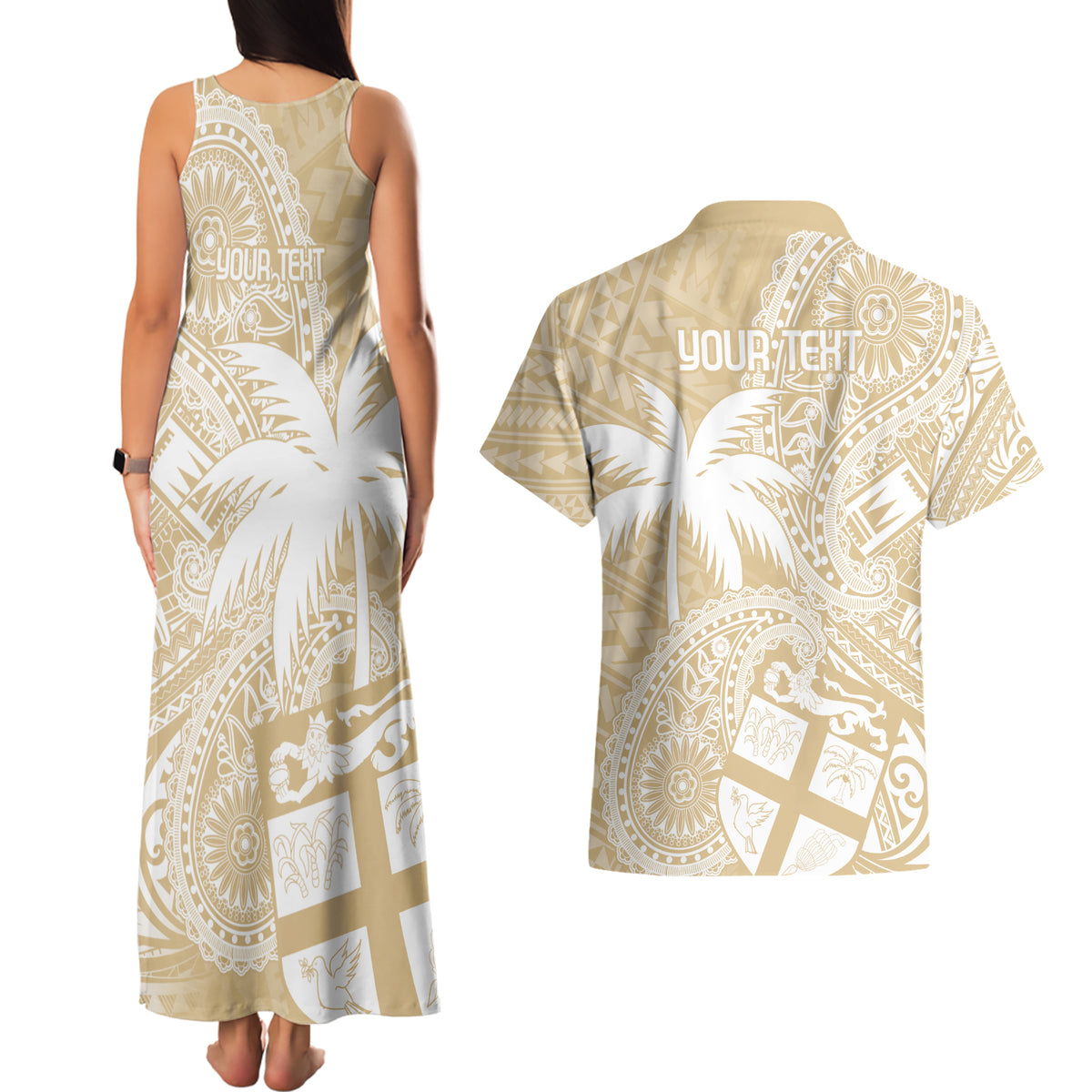 Custom Indo Fijians Couples Matching Tank Maxi Dress and Hawaiian Shirt Fiji ke Hindustani Polyneisan Paisley Beige Style LT9 - Polynesian Pride