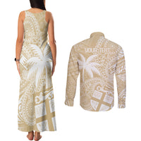Custom Indo Fijians Couples Matching Tank Maxi Dress and Long Sleeve Button Shirt Fiji ke Hindustani Polyneisan Paisley Beige Style LT9 - Polynesian Pride