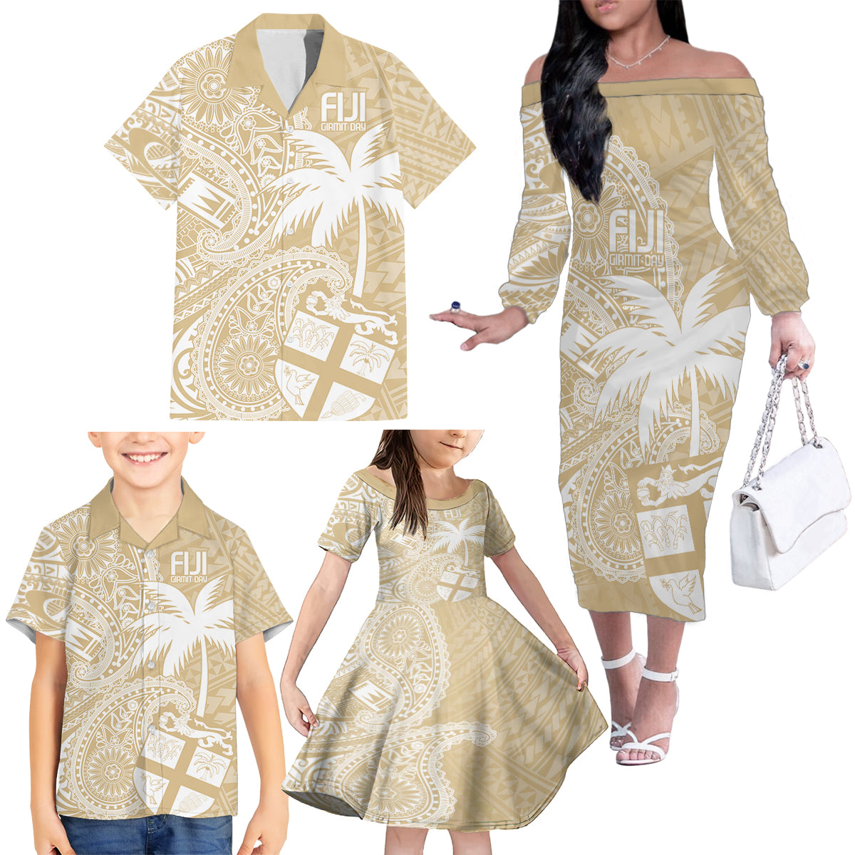Custom Indo Fijians Family Matching Off The Shoulder Long Sleeve Dress and Hawaiian Shirt Fiji ke Hindustani Polyneisan Paisley Beige Style LT9 - Polynesian Pride