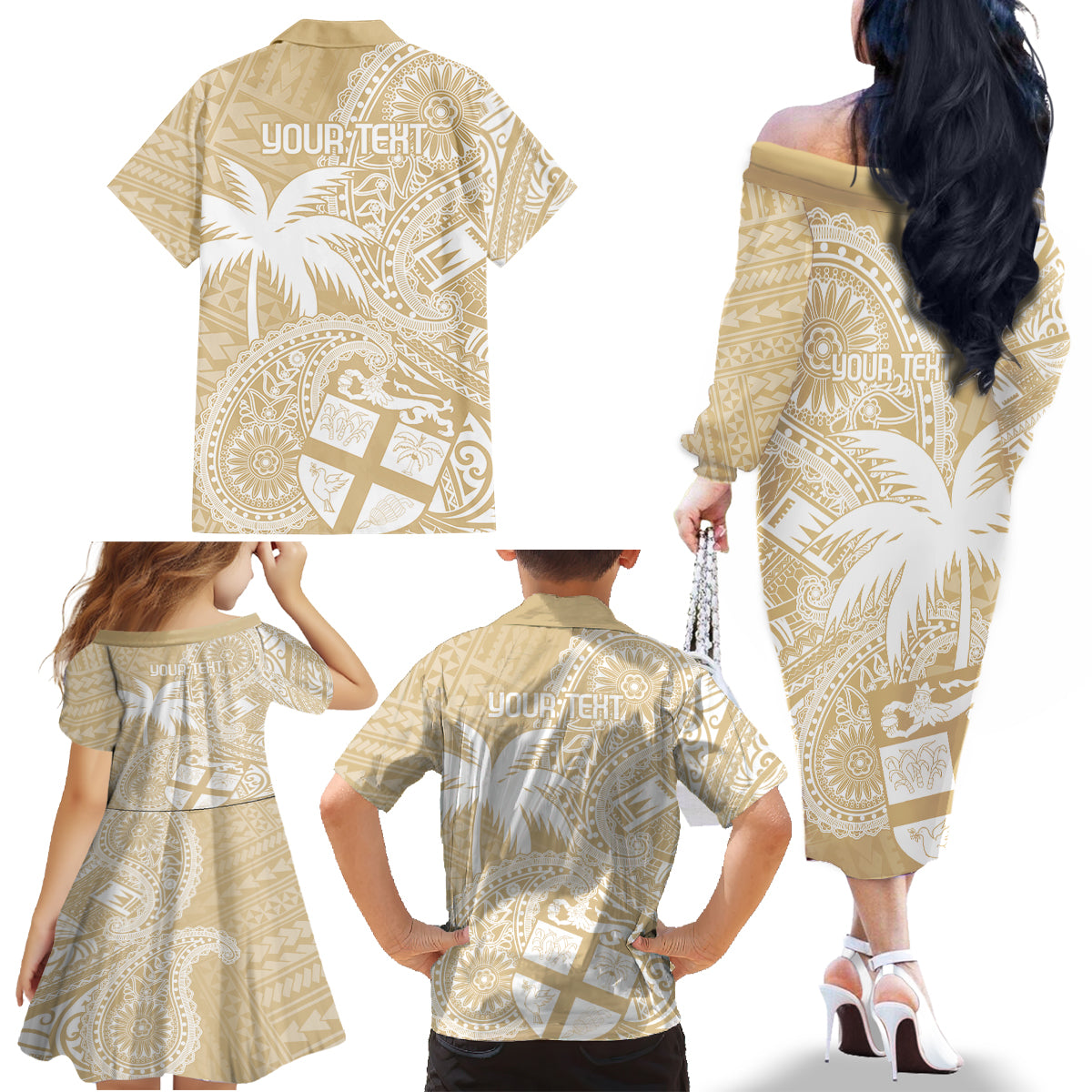 Custom Indo Fijians Family Matching Off The Shoulder Long Sleeve Dress and Hawaiian Shirt Fiji ke Hindustani Polyneisan Paisley Beige Style LT9 - Polynesian Pride