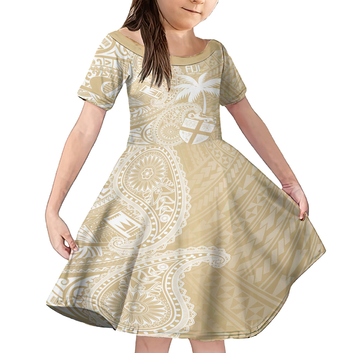 Custom Indo Fijians Family Matching Tank Maxi Dress and Hawaiian Shirt Fiji ke Hindustani Polyneisan Paisley Beige Style LT9 Daughter's Dress Beige - Polynesian Pride