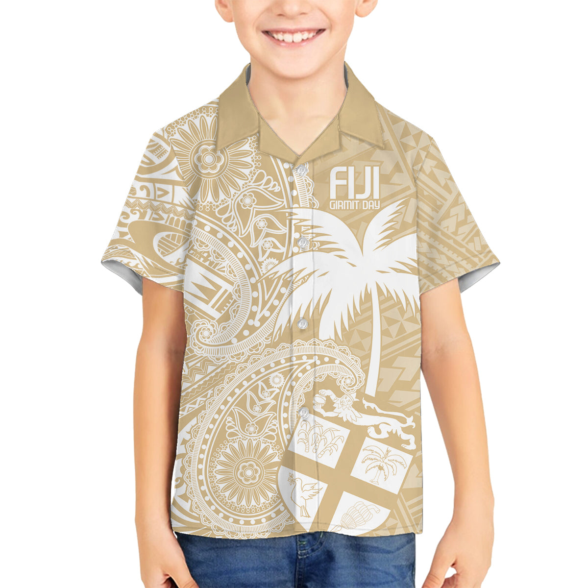 Custom Indo Fijians Family Matching Tank Maxi Dress and Hawaiian Shirt Fiji ke Hindustani Polyneisan Paisley Beige Style LT9 Son's Shirt Beige - Polynesian Pride