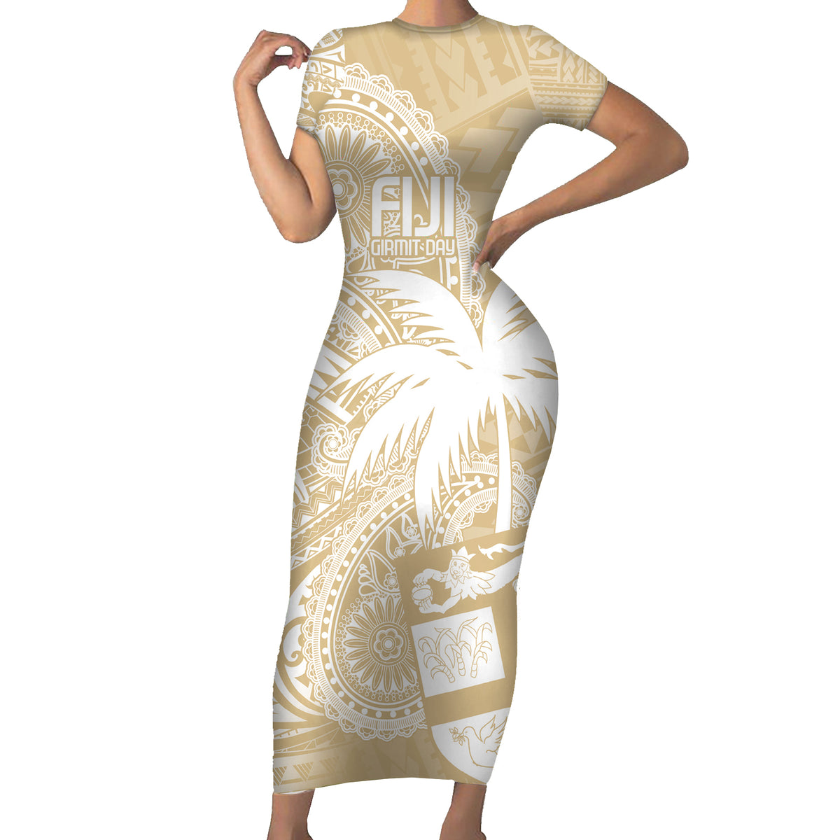 Custom Indo Fijians Short Sleeve Bodycon Dress Fiji ke Hindustani Polyneisan Paisley Beige Style LT9 Long Dress Beige - Polynesian Pride