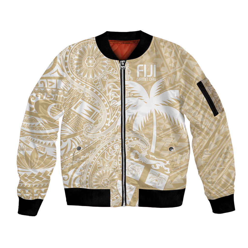 Custom Indo Fijians Sleeve Zip Bomber Jacket Fiji ke Hindustani Polyneisan Paisley Beige Style LT9 Unisex Beige - Polynesian Pride