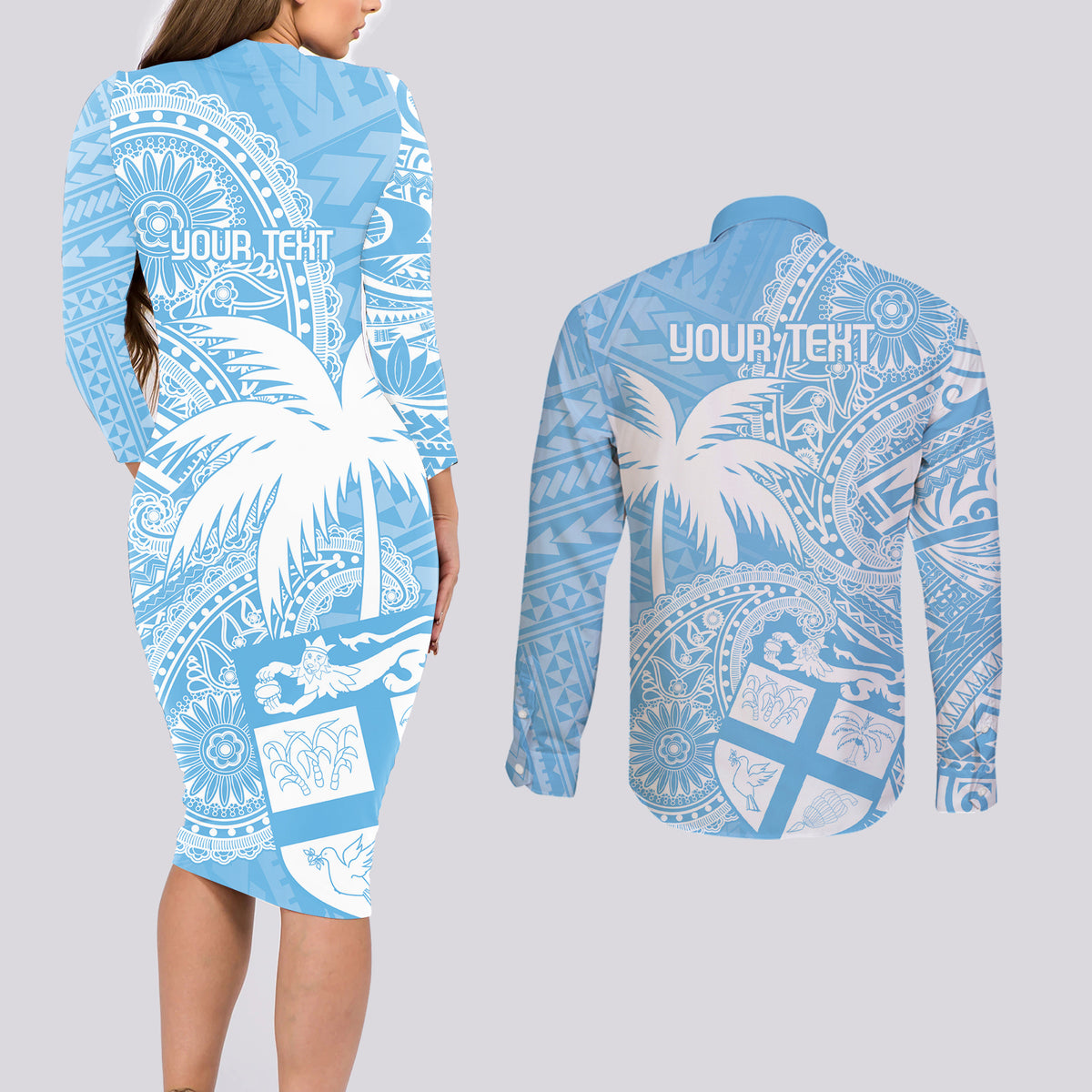 Custom Indo Fijians Couples Matching Long Sleeve Bodycon Dress and Long Sleeve Button Shirt Fiji ke Hindustani Polyneisan Paisley Blue Style LT9 - Polynesian Pride
