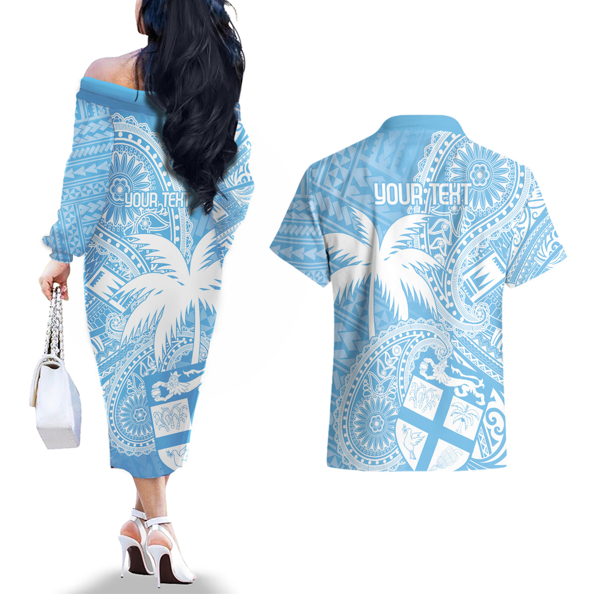 Custom Indo Fijians Couples Matching Off The Shoulder Long Sleeve Dress and Hawaiian Shirt Fiji ke Hindustani Polyneisan Paisley Blue Style LT9 - Polynesian Pride