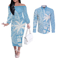 Custom Indo Fijians Couples Matching Off The Shoulder Long Sleeve Dress and Long Sleeve Button Shirt Fiji ke Hindustani Polyneisan Paisley Blue Style LT9 Blue - Polynesian Pride