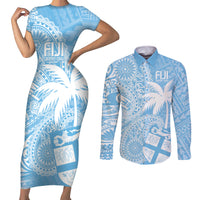 Custom Indo Fijians Couples Matching Short Sleeve Bodycon Dress and Long Sleeve Button Shirt Fiji ke Hindustani Polyneisan Paisley Blue Style LT9 Blue - Polynesian Pride