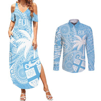Custom Indo Fijians Couples Matching Summer Maxi Dress and Long Sleeve Button Shirt Fiji ke Hindustani Polyneisan Paisley Blue Style LT9 Blue - Polynesian Pride