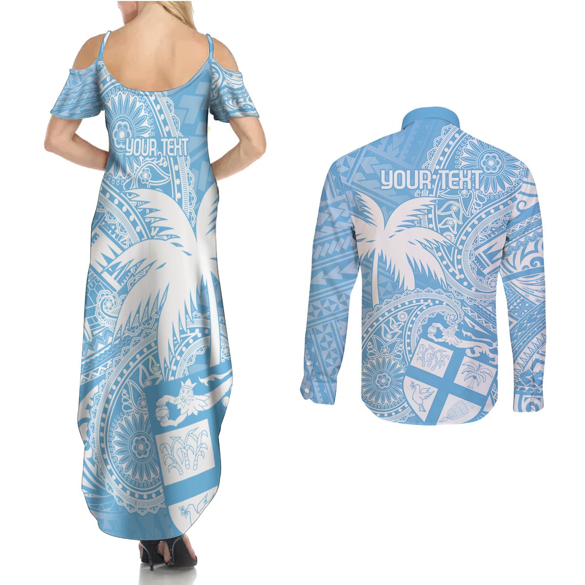 Custom Indo Fijians Couples Matching Summer Maxi Dress and Long Sleeve Button Shirt Fiji ke Hindustani Polyneisan Paisley Blue Style LT9 - Polynesian Pride
