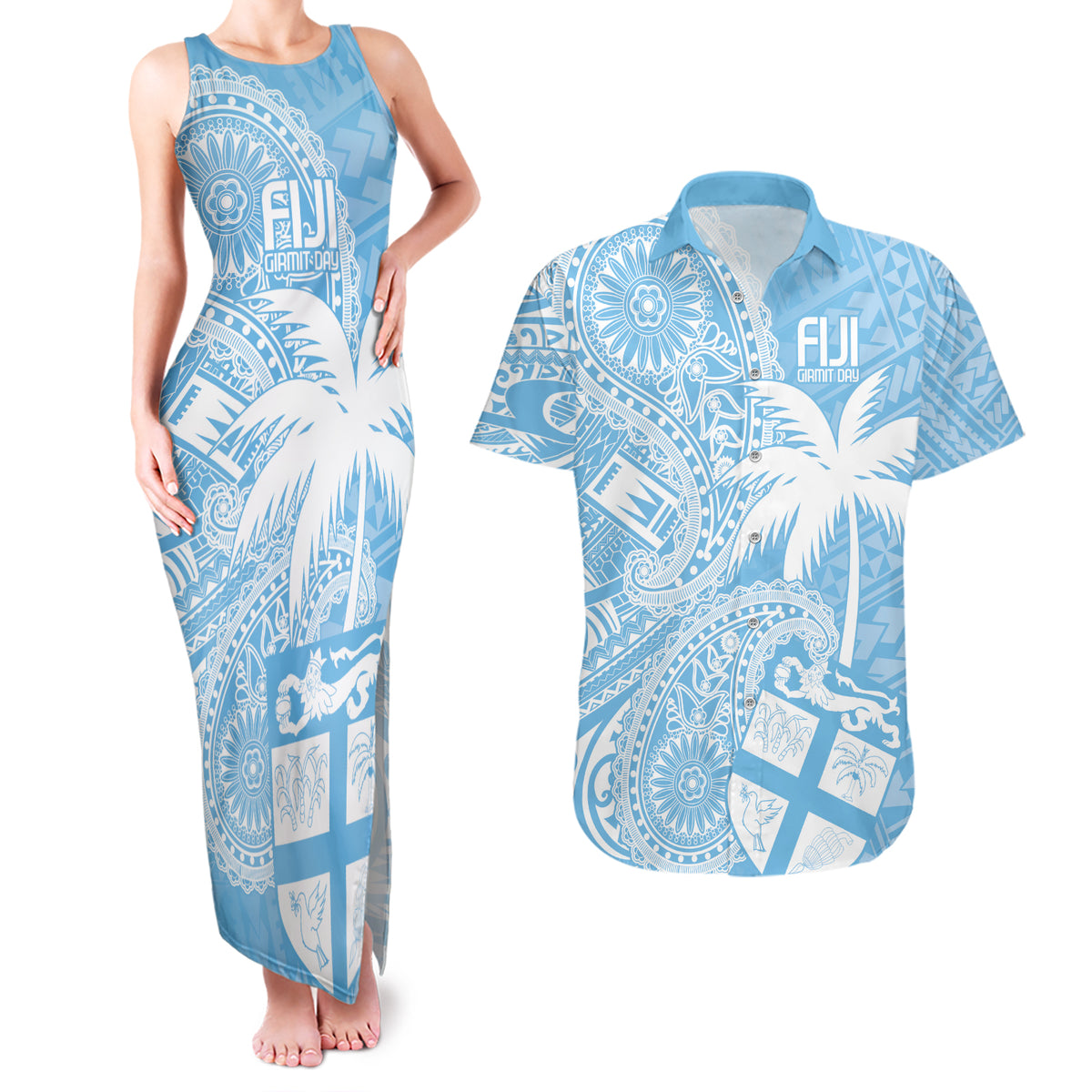 Custom Indo Fijians Couples Matching Tank Maxi Dress and Hawaiian Shirt Fiji ke Hindustani Polyneisan Paisley Blue Style LT9 Blue - Polynesian Pride