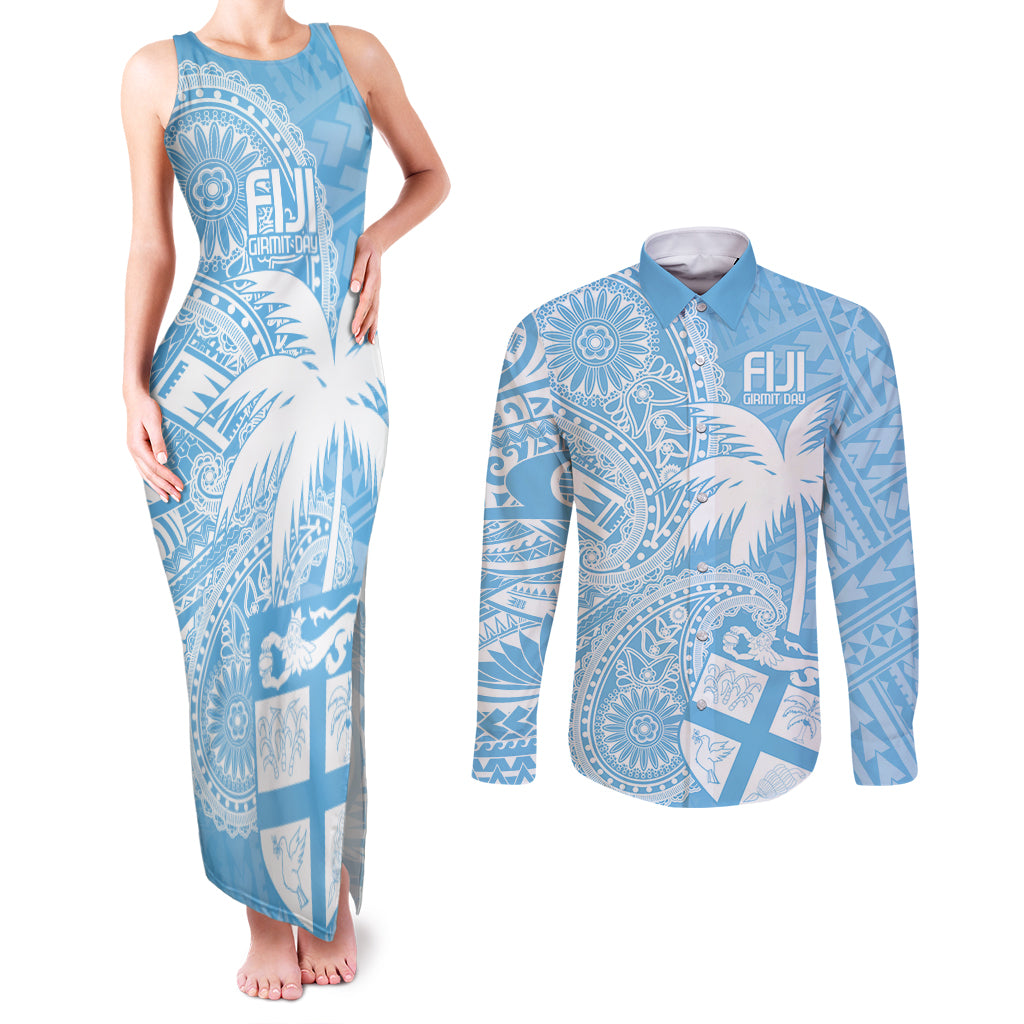 Custom Indo Fijians Couples Matching Tank Maxi Dress and Long Sleeve Button Shirt Fiji ke Hindustani Polyneisan Paisley Blue Style LT9 Blue - Polynesian Pride