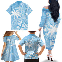 Custom Indo Fijians Family Matching Off The Shoulder Long Sleeve Dress and Hawaiian Shirt Fiji ke Hindustani Polyneisan Paisley Blue Style LT9 - Polynesian Pride
