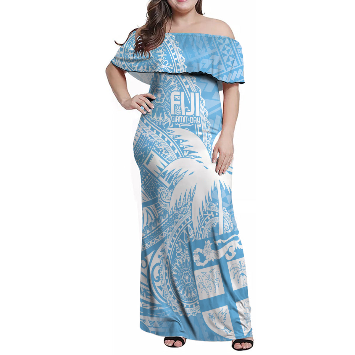 Custom Indo Fijians Family Matching Off Shoulder Maxi Dress and Hawaiian Shirt Fiji ke Hindustani Polyneisan Paisley Blue Style