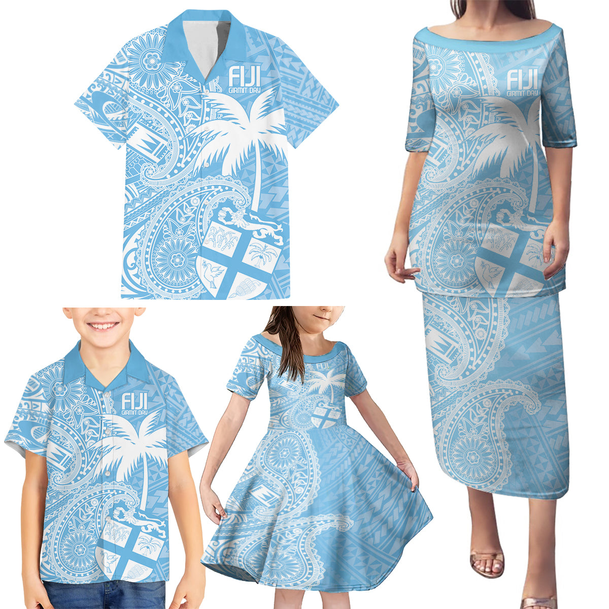 Custom Indo Fijians Family Matching Puletasi and Hawaiian Shirt Fiji ke Hindustani Polyneisan Paisley Blue Style LT9 - Polynesian Pride