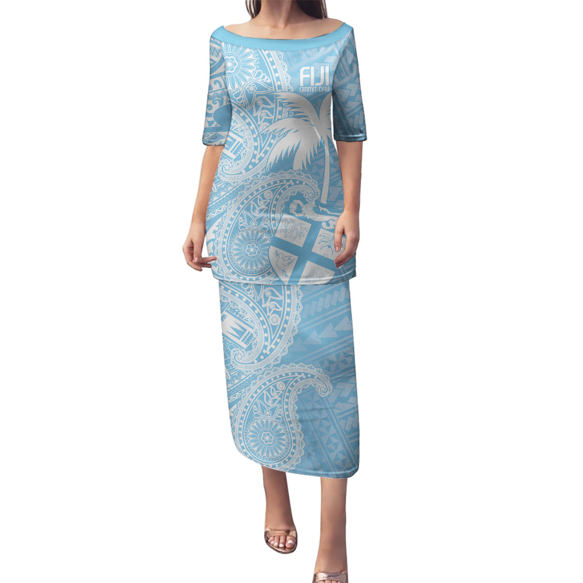 Custom Indo Fijians Family Matching Puletasi and Hawaiian Shirt Fiji ke Hindustani Polyneisan Paisley Blue Style LT9 Mom's Dress Blue - Polynesian Pride