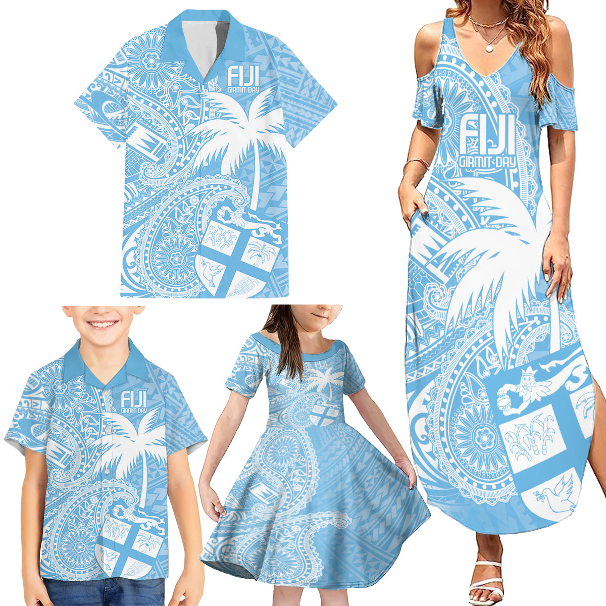 Custom Indo Fijians Family Matching Summer Maxi Dress and Hawaiian Shirt Fiji ke Hindustani Polyneisan Paisley Blue Style LT9 - Polynesian Pride