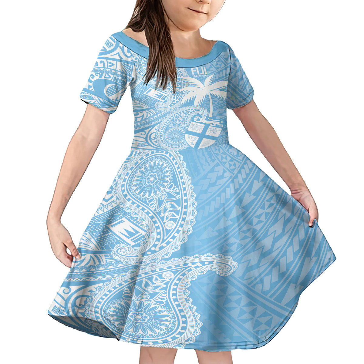 Custom Indo Fijians Family Matching Tank Maxi Dress and Hawaiian Shirt Fiji ke Hindustani Polyneisan Paisley Blue Style LT9 Daughter's Dress Blue - Polynesian Pride
