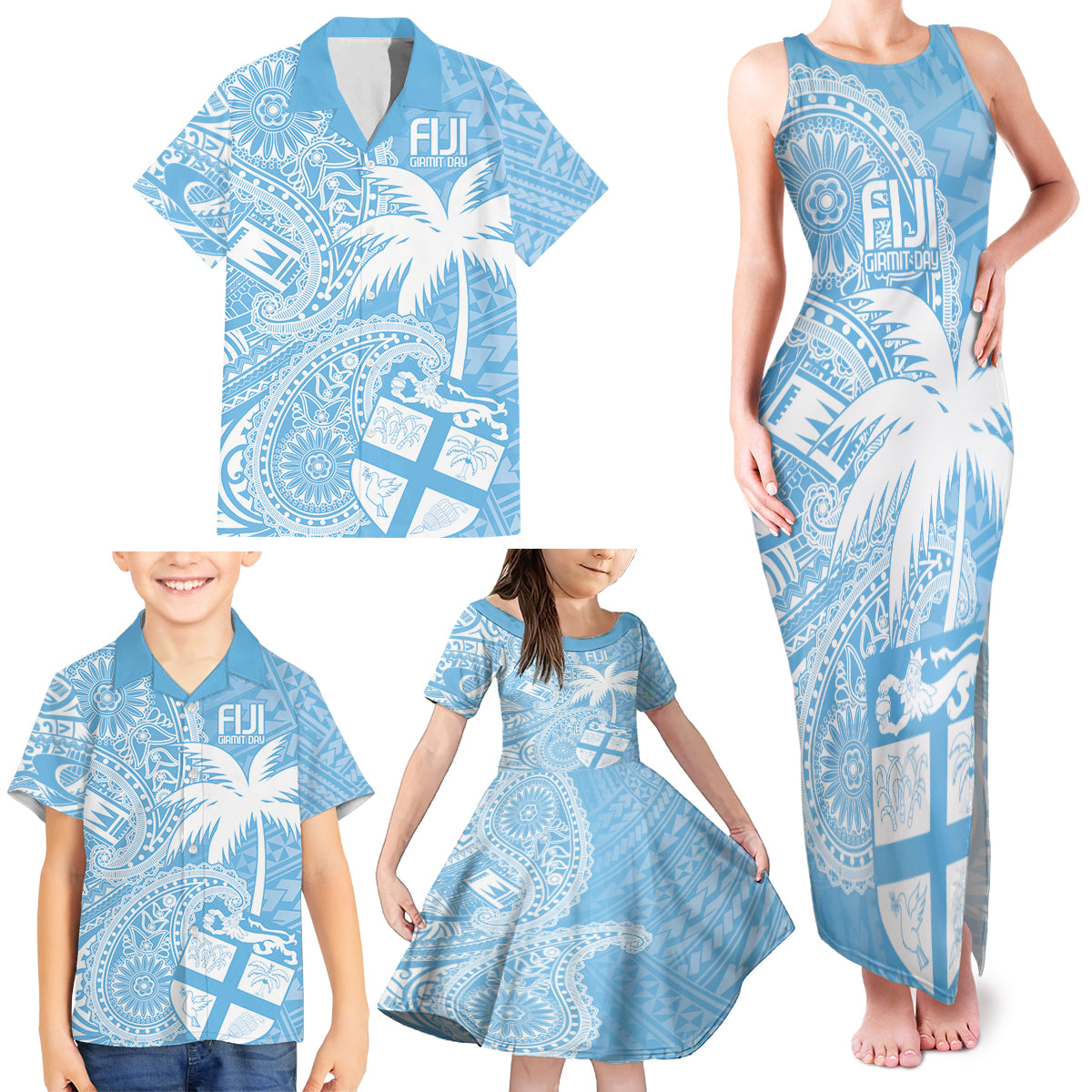 Custom Indo Fijians Family Matching Tank Maxi Dress and Hawaiian Shirt Fiji ke Hindustani Polyneisan Paisley Blue Style LT9 - Polynesian Pride